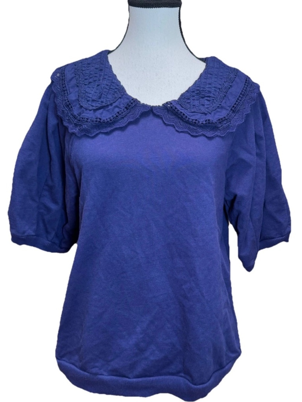 Maeve Anthropologie Blue Peter Pan Lace Collar Puff Short Sleeves Top Medium